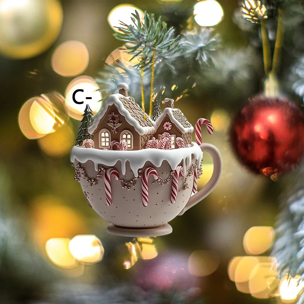 Decorações de árvore de natal 2d acrílico plano casa quente pequena xícara de café pendurado pingente ornamentos ano novo decoração de festa em casa