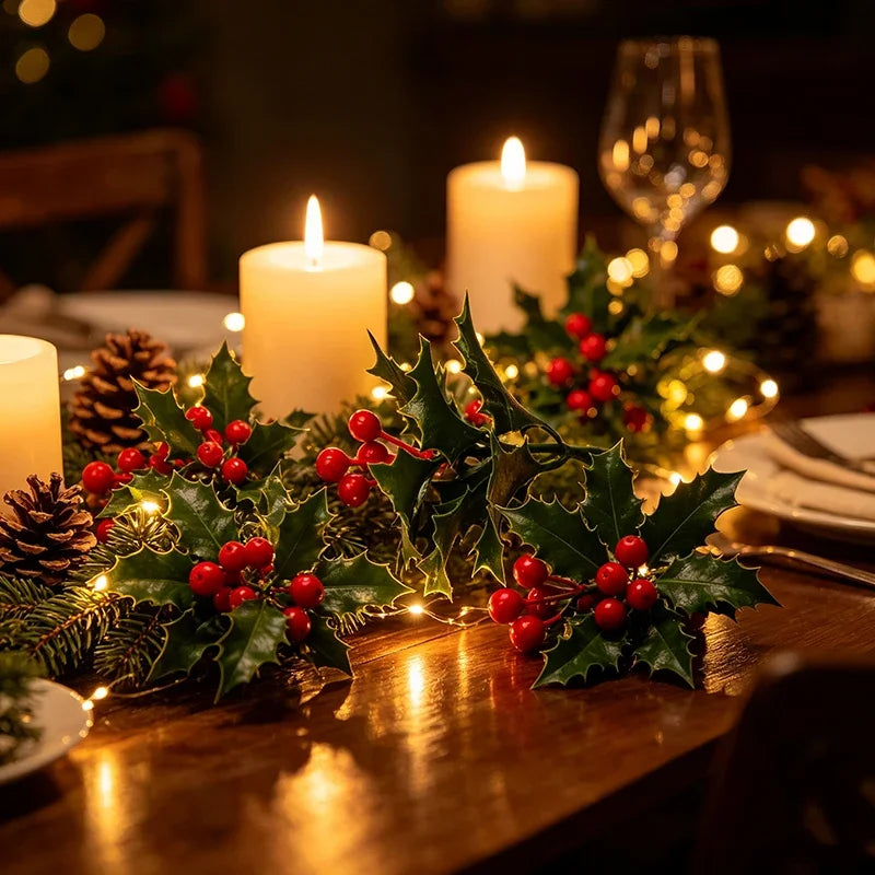 Guirlanda de Natal com Azevinho Artificial, Bagas Vermelhas, Folhas Verdes, Enfeites para Árvore de Natal, Guirlanda, Buquês DIY