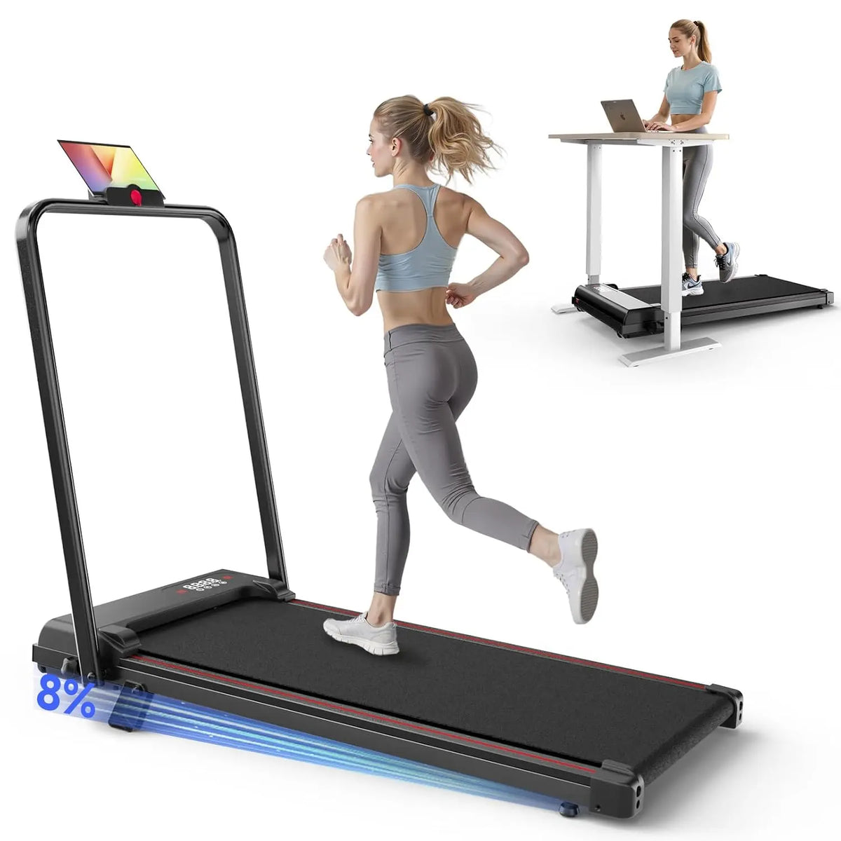 Esteira Ergométrica Dobrável com Barra de Apoio, Esteira com Inclinação de 8%, 2.5HP Silenciosa para Uso Sob a Mesa, Capacidade de 145 kg, Esteiras 2 em 1, Personalizável