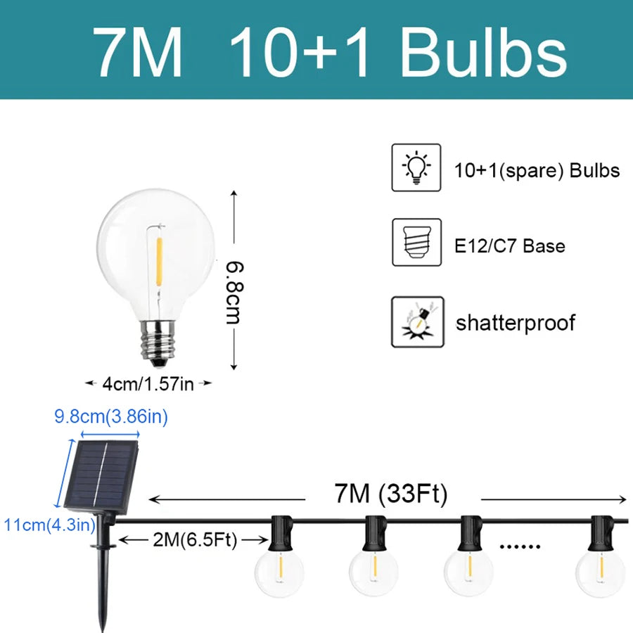 G40 luzes da corda solar festão led pátio lâmpadas corda solar ao ar livre para festa de jardim de natal casamento terraço decoração