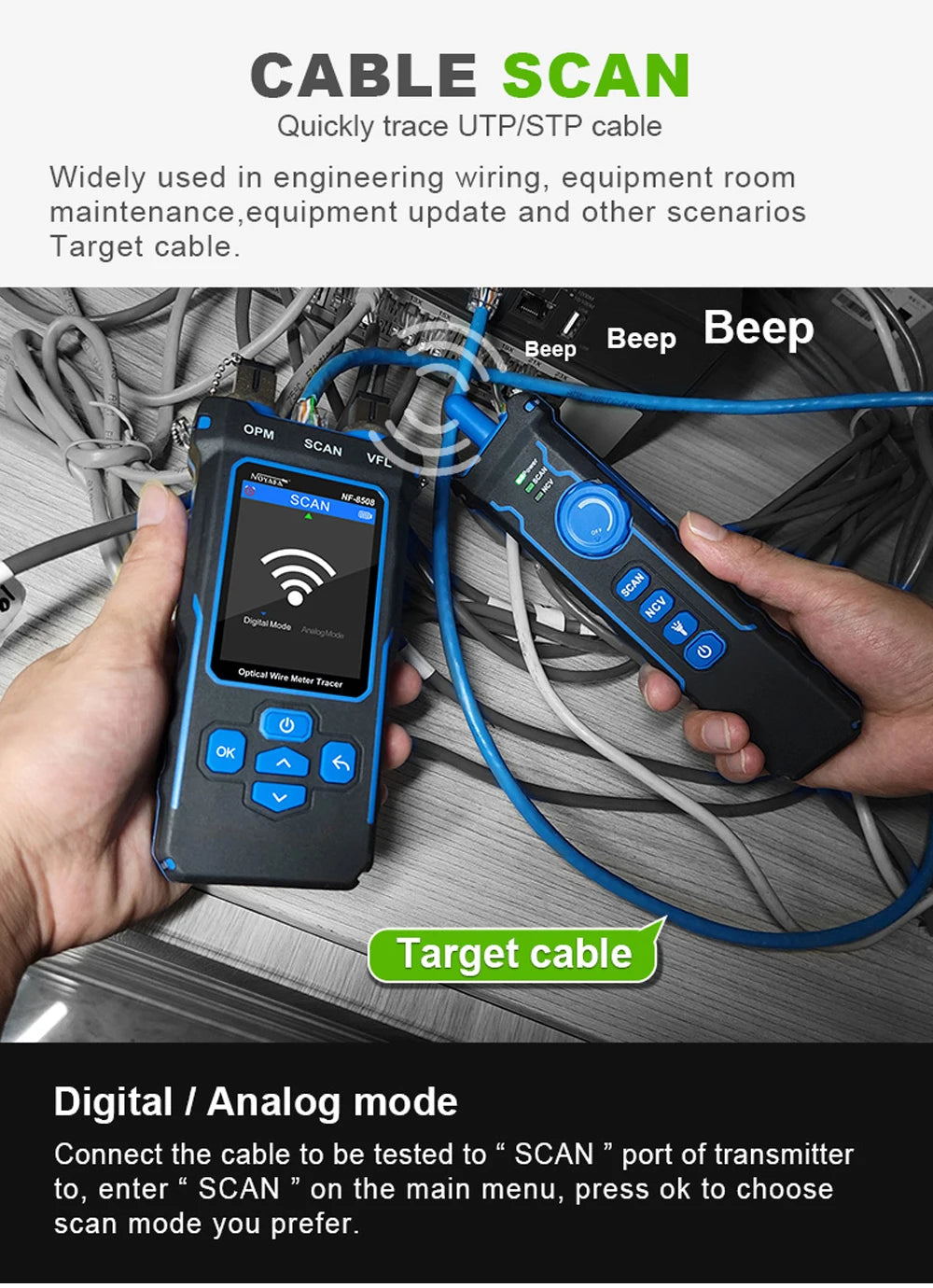 Noyafa-Network Cable Tester, Ethernet Cable Tracker, OPM VFL PoE Checker, Medir Comprimento, Wiremap, Ferramentas de Rede, NF-8508
