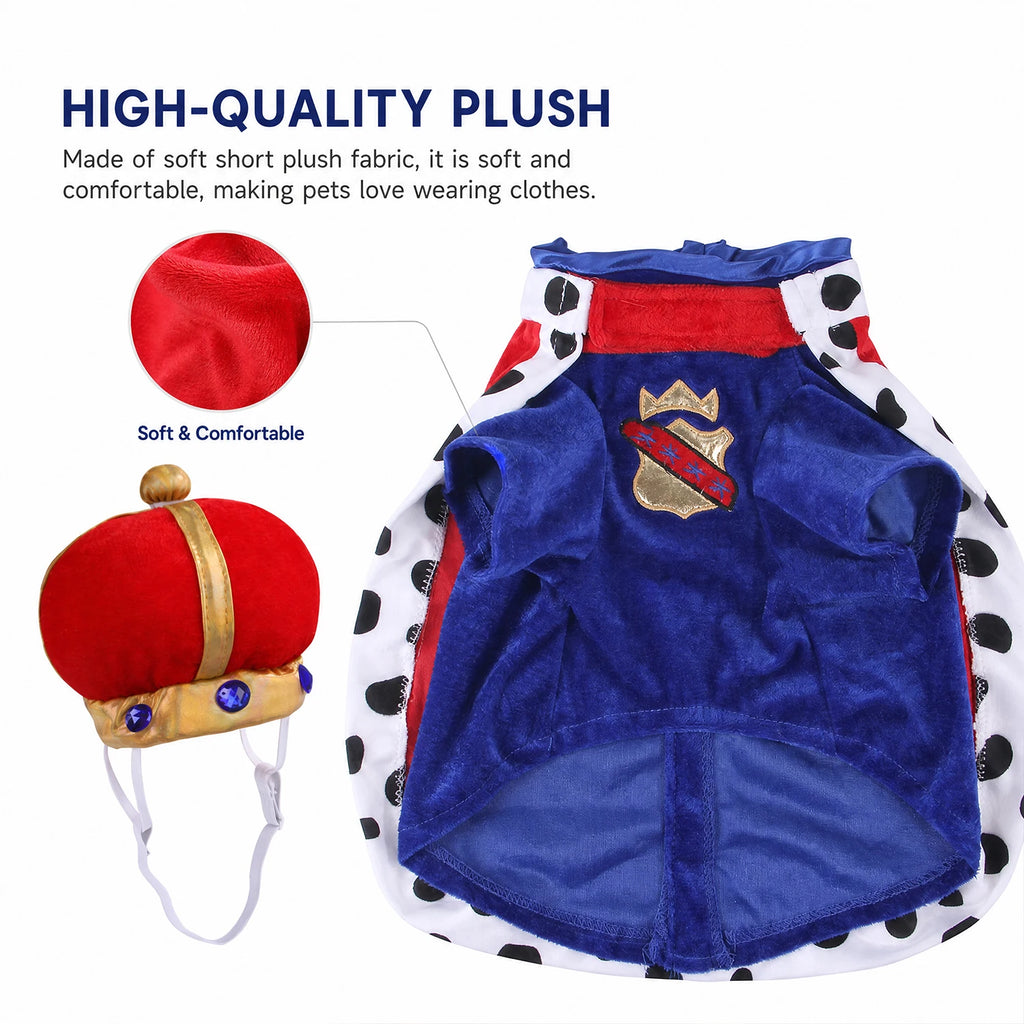 Fantasia de Rei para Animais de Estimação, Conjunto de Capa e Coroa de Pelúcia, Roupa Macia para Cães com Velcro, Roupa de Festa de Halloween para Cães e Gatos, Fofa