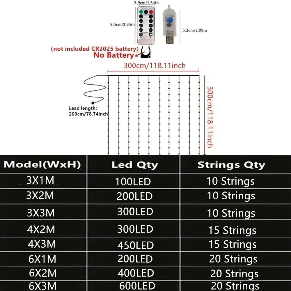 Ano novo 2026 lâmpada luzes de natal led fada string cortina luzes 8 modo remoto usb festão decoração natal para casa férias