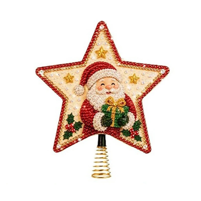 Enfeite de Árvore de Natal com Pintura de Diamantes, Topo de Árvore em Forma de Estrela, Papai Noel DIY, Pintura com Pérolas e Gemas, Base Espiral, Decoração para o Topo da Árvore de Natal