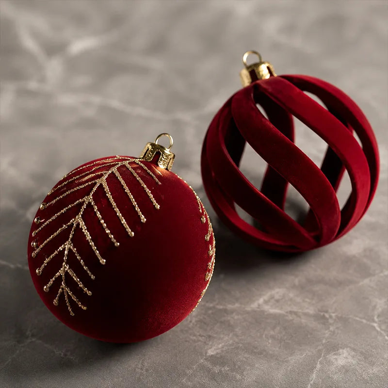 Conjunto de Enfeites de Natal em Veludo Borgonha, Bolas de Natal com Padrão de Glitter Dourado para Decoração de Árvore de Natal e Casa