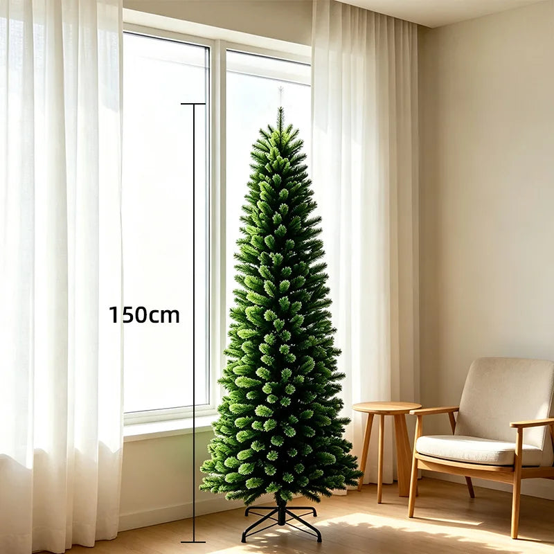 Árvore de Natal artificial, de formato alongado, cor verde-pinho, para decoração de festas e eventos familiares em ambientes fechados.