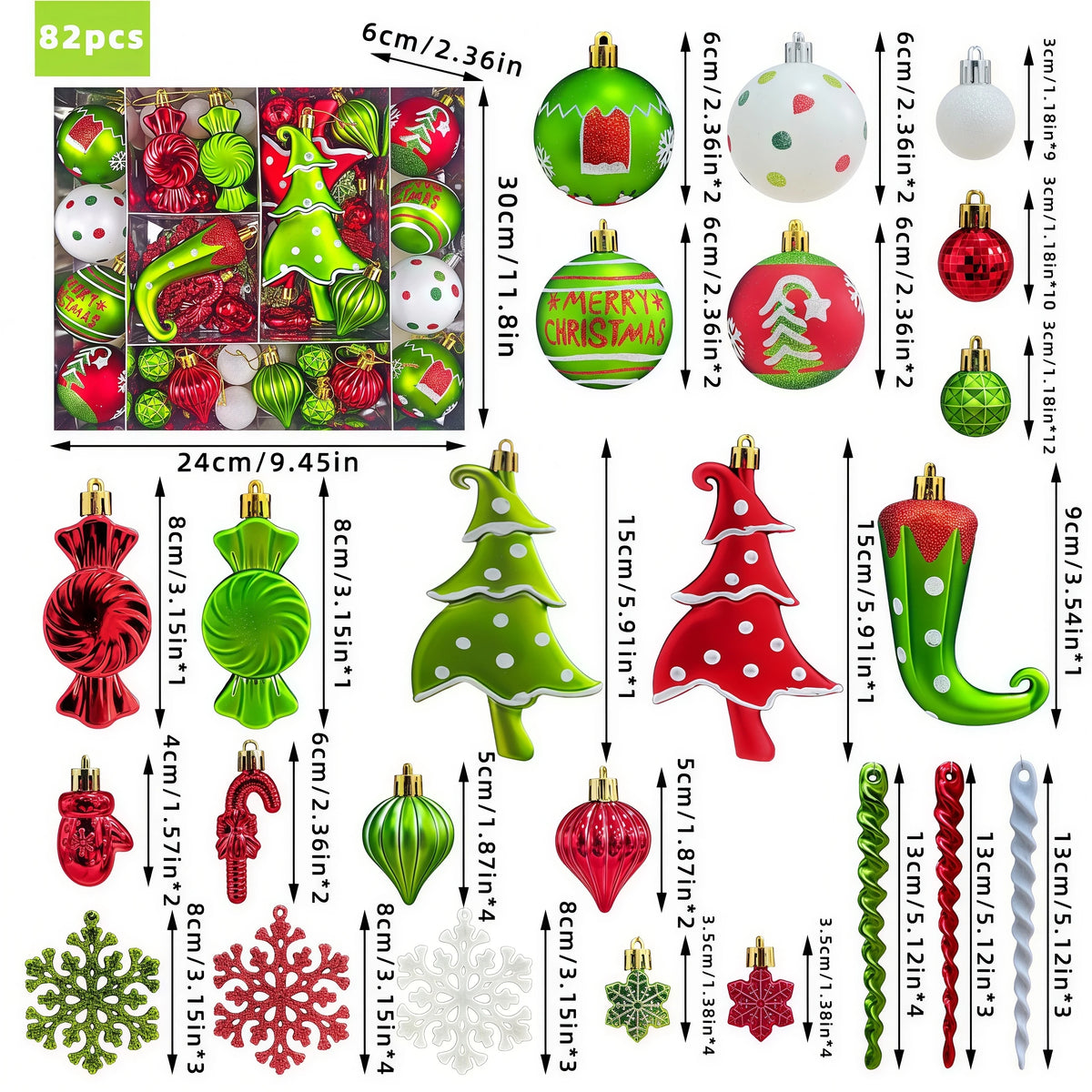 Conjunto de enfeites de bolas de Natal, verde e vermelho, para pendurar na árvore de Natal, ideal para festas de Ano Novo e como presente.