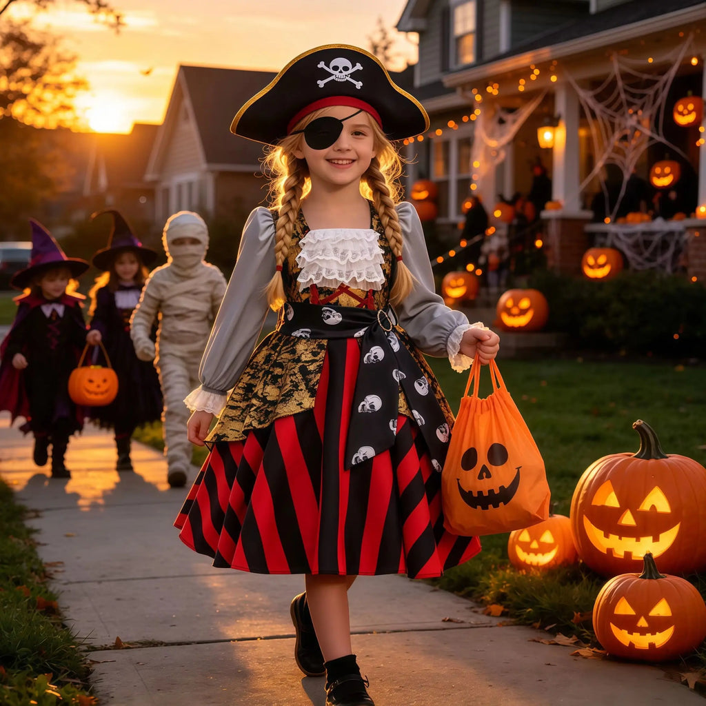 Menina cosplay pirata traje criança listrado rendas vestido de princesa para crianças capitão desempenho halloween carnaval festa fantasia outfit