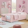 Cama Plataforma Tamanho Twin, Cabeceira Estofada Boucle com Orelhas de Coelho, com Bolso e Grade de Proteção para Quarto Infantil, Bege, Personalizada