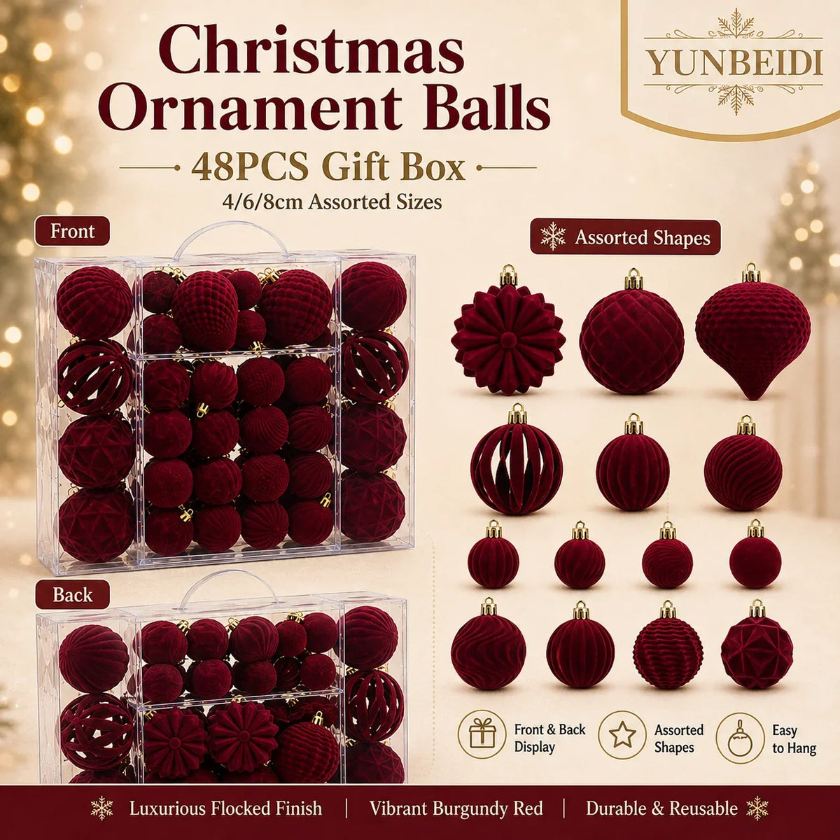 Conjunto de Bolas de Natal de Veludo 48 Peças, Enfeites Plásticos Flocados para Decoração de Árvore de Natal DIY, Decoração Suspensa para Festas e Casa