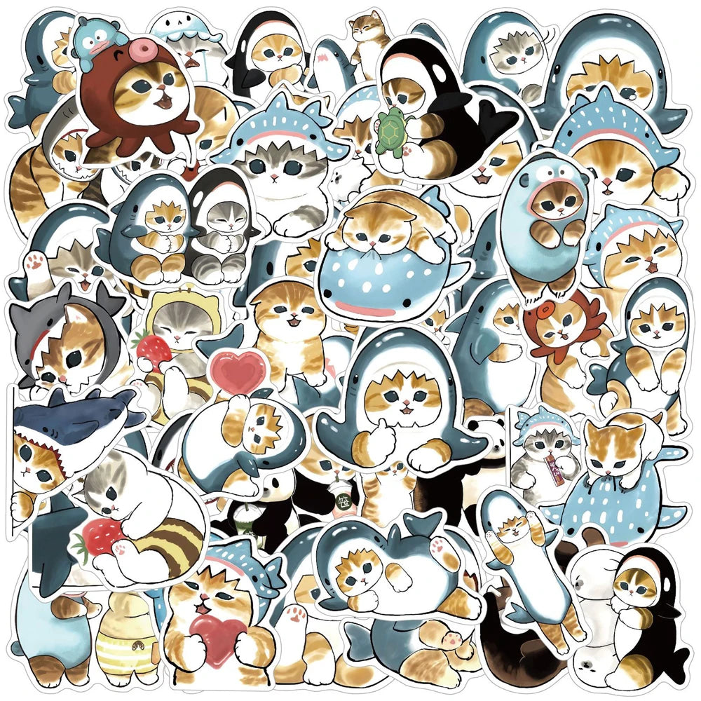 10/30/50 pçs bonito tubarão com capuz diversão gato adesivos decalques decoração mala scrapbooking portátil telefone papelaria brinquedo presente