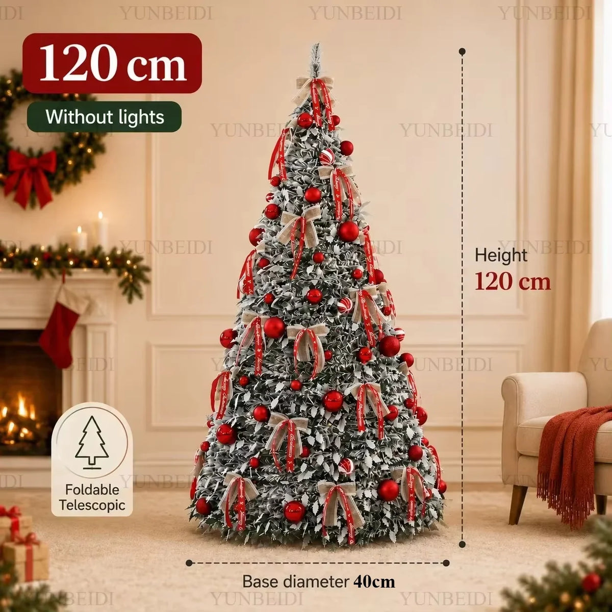 Árvore de Natal Dobrável com Luzes LED e Enfeites, Árvore de Natal Integrada de Alta Qualidade de 120cm a 180cm, Decoração para Festa de Natal em Família