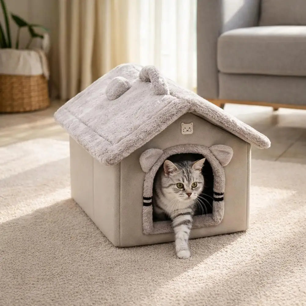 Cama para Pets Estilo Casa Fofa para Cães e Gatos Pequenos, Quente para o Inverno, Removível e Lavável, Casinha Fechada de Pelúcia, Vila para Gatos, Caverna