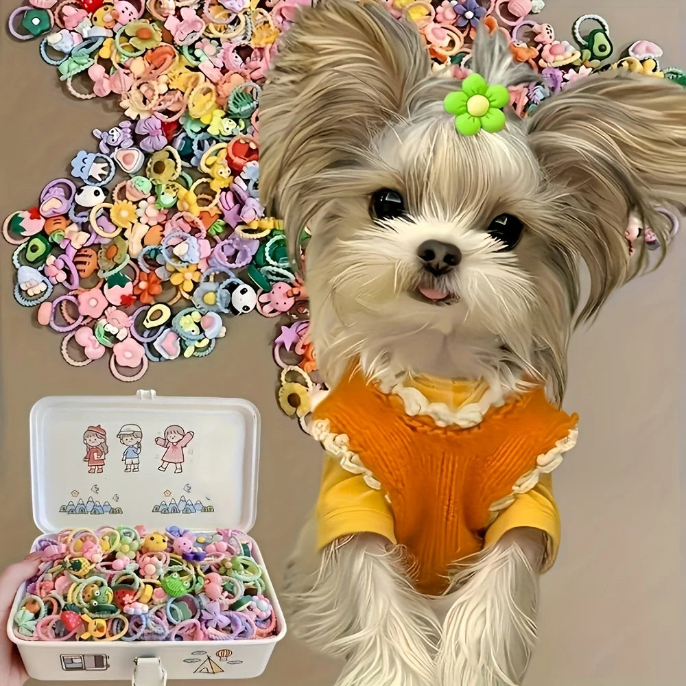 Conjunto de acessórios para cabelo de animais de estimação, flor fofa, laço, frutas e tiaras com design de animais pequenos e laços de cabelo, adequado para cães e gatos (somente acessórios de cabelo, estilos e cores a