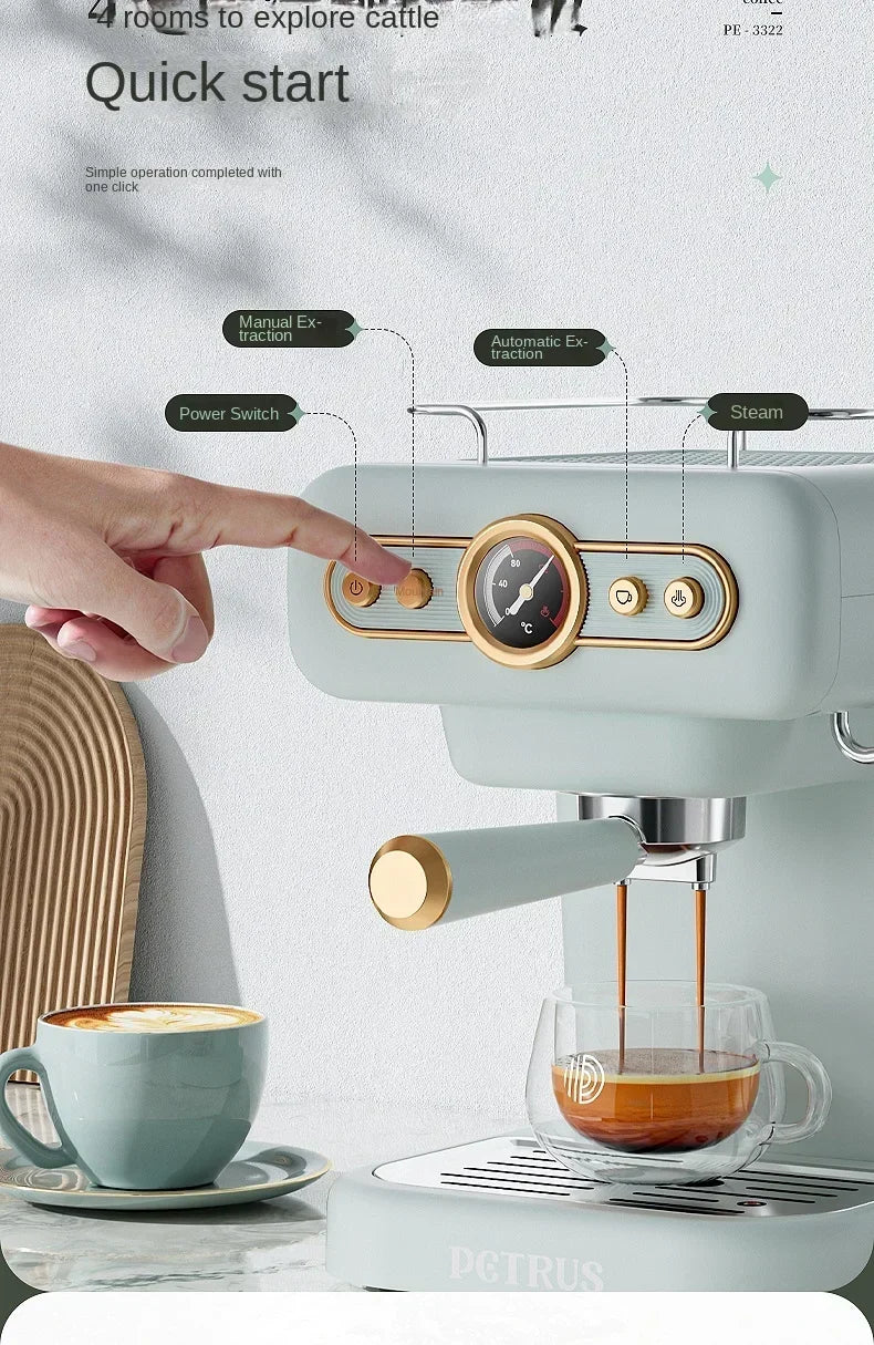 Máquina de café italiana retrô 220v, pequena máquina doméstica totalmente semiautomática concentrada americana integrada de espuma de leite ag
