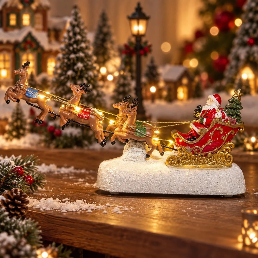 Decoração de Natal para a Casa: Vila Natalina com Trenó do Papai Noel, Rena e Lareira Iluminada e Musical, Presente de Natal para Mesa