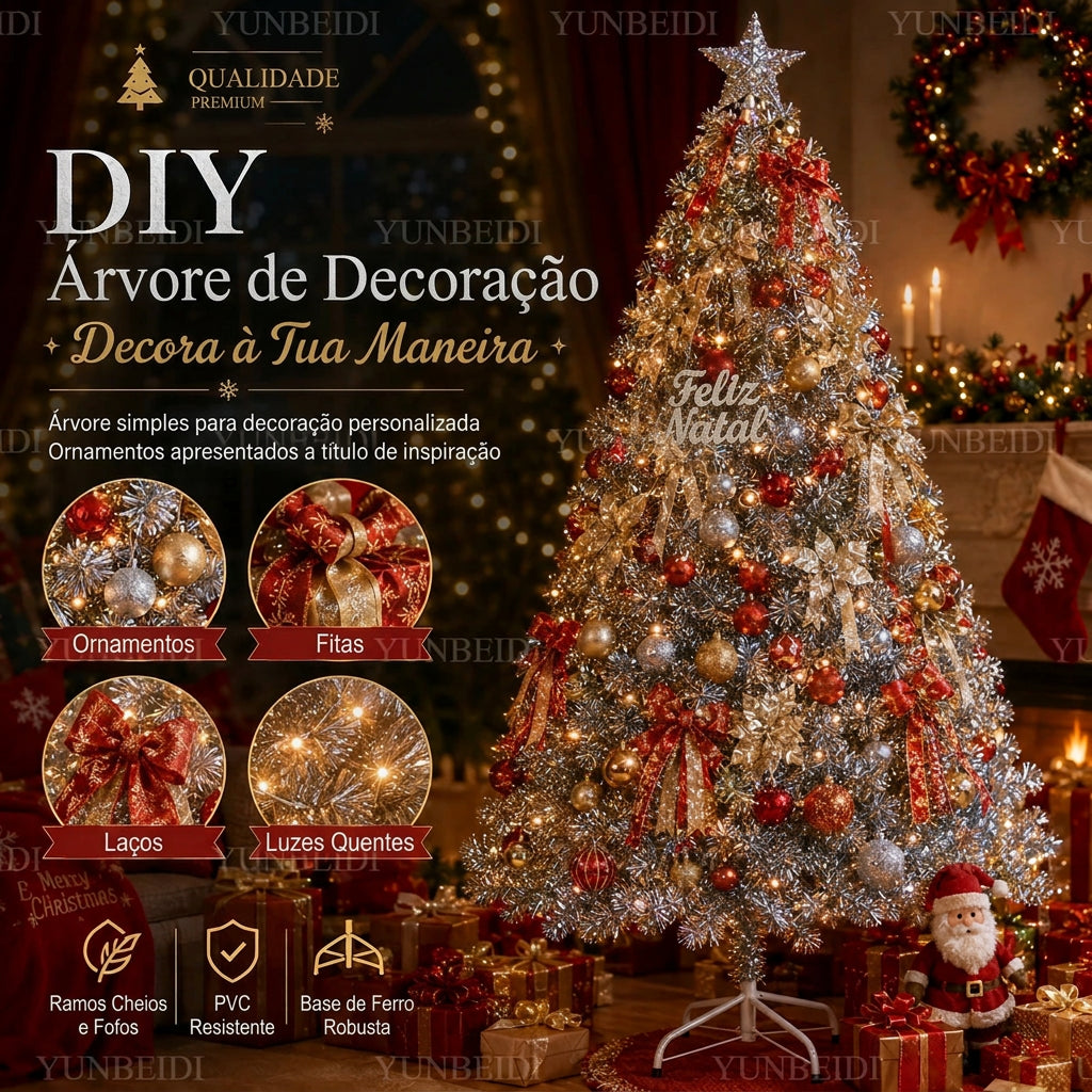 Árvore de Natal Artificial Prateada em PVC 120-240cm de Alta Qualidade com Luzes LED Quentes, Decoração para Festa de Natal em Casa