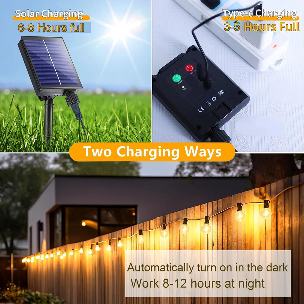G40 luzes da corda solar festão led pátio lâmpadas corda solar ao ar livre para festa de jardim de natal casamento terraço decoração