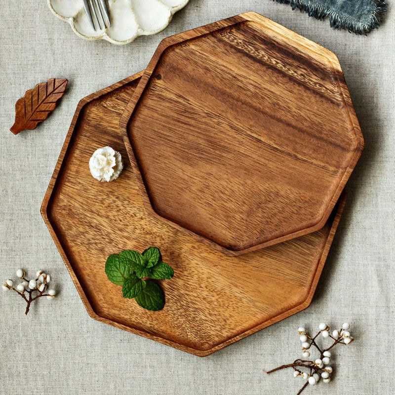 1 unidade de Bandeja Octogonal de Madeira Rústica para Servir Petiscos, Pães, Sobremesas e Exibir Alimentos, Prato de Servir Estilo Campestre