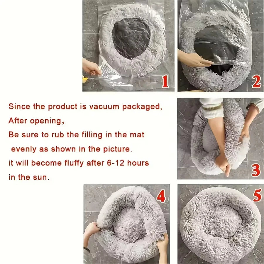 Cama Macia para Gatos e Cães, Almofada de Pelúcia Quente de Pelo Sintético, Cama Redonda Confortável em Formato de Rosquinha, Lavável para Cães e Gatos de Pequeno e Médio Porte