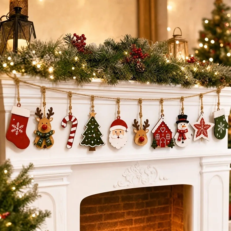 10 peças de decoração de madeira de Natal, Papai Noel, renas, árvore de Natal, estrelas, etc., decoração para festas de inverno/Natal em casa.