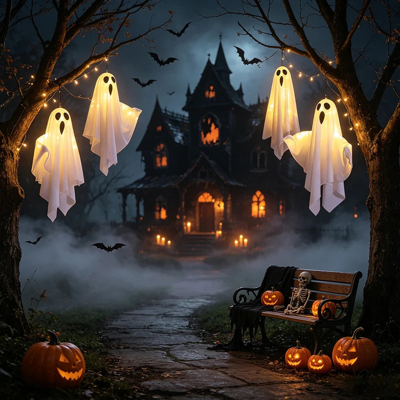 Decoração de Halloween: Lâmpada Fantasma Suspensa com LED, Decoração Suspensa de Fantasma, Presente para Festa de Halloween, Decoração para Casa e Jardim