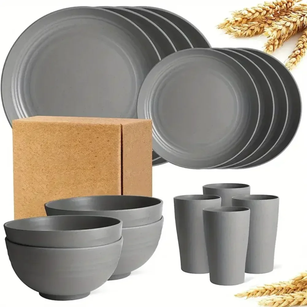 Novo 16 peças/set de pratos de refeição não frágeis, pratos de palha de trigo, conjunto de talheres, máquina de lavar louça de micro-ondas, seguro, utensílios de mesa reutilizáveis