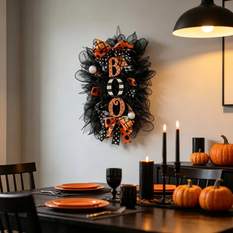 Guirlanda de Halloween BOO de 50x30cm, Decoração de Abóbora para Pendurar na Porta, Decoração de Festa para Porta da Frente, Varanda, Jardim, Parede, Ornamento de Outono