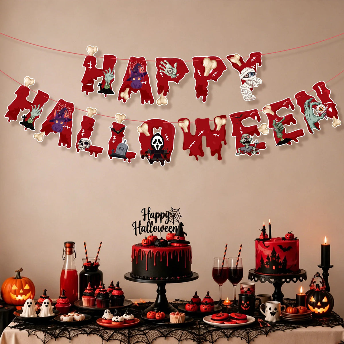 Decorações de Teto para o Halloween: Esqueletos, Múmias, Impressões de Mãos Ensanguentadas, Guirlandas de Morcegos. Decoração de Halloween para Crianças