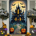 Decoração de Porta Assustadora para Halloween - Material de poliéster, design de lua cheia e castelo fantasma, perfeito para decoração de festas