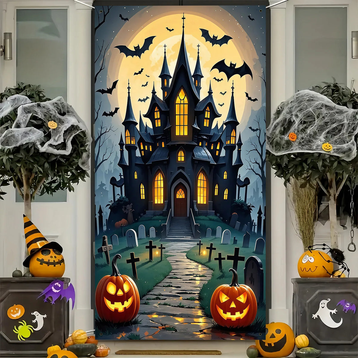 Decoração de Porta Assustadora para Halloween - Material de poliéster, design de lua cheia e castelo fantasma, perfeito para decoração de festas