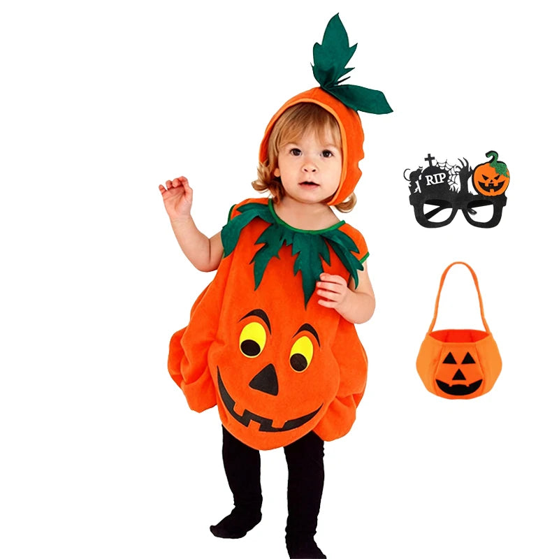 Macacão Infantil 2026 para Meninas e Meninos, Fantasia de Abóbora de Halloween com Chapéu, Cosplay para Apresentação em Palco, Fantasia para Festa de Natal