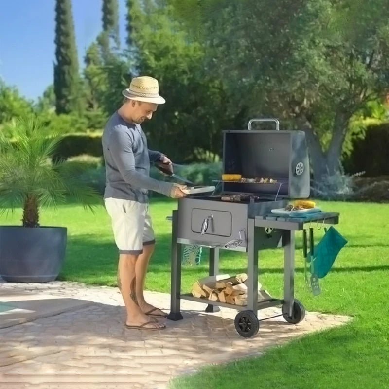 Grelha a carvão para churrasco portátil ao ar livre, churrasqueira de jardim com tampa, mesa dobrável, prateleira inferior e termômetro