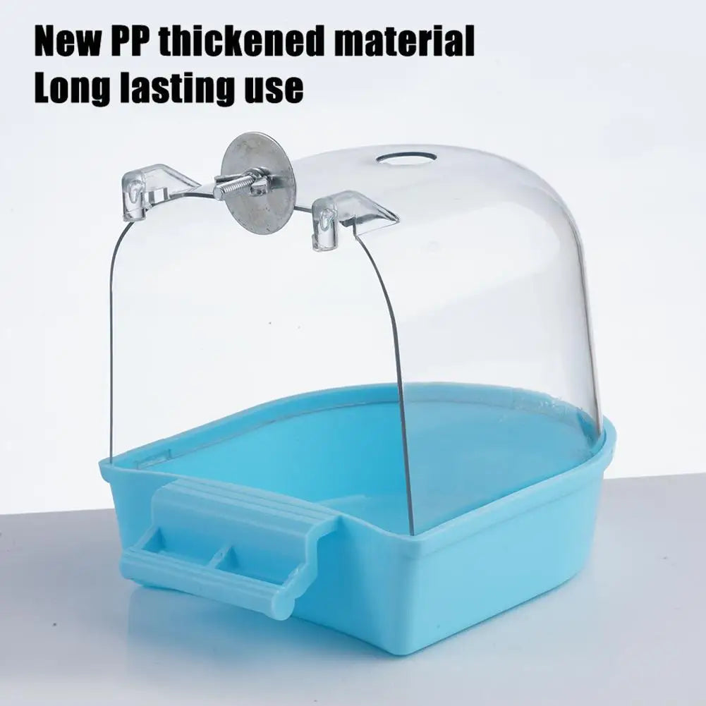 Banho de pássaros para limpeza de gaiola, suprimentos para animais de estimação, calopsita, banheira de pássaros com ganchos pendurados, acrílico transparente, cubo de banho de pássaros