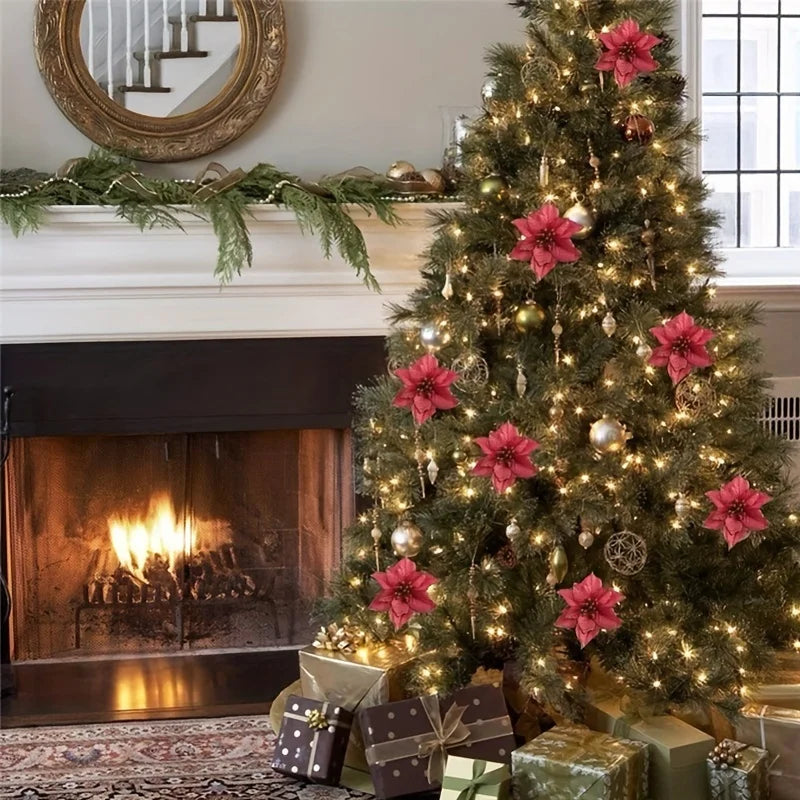 12/24 pçs enfeites de árvore de natal flores artificiais para casa diy pingente de árvore de natal casamento festa de natal decorações de ano novo