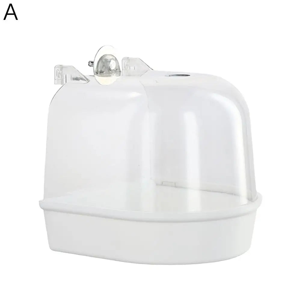 Banho de pássaros para limpeza de gaiola, suprimentos para animais de estimação, calopsita, banheira de pássaros com ganchos pendurados, acrílico transparente, cubo de banho de pássaros