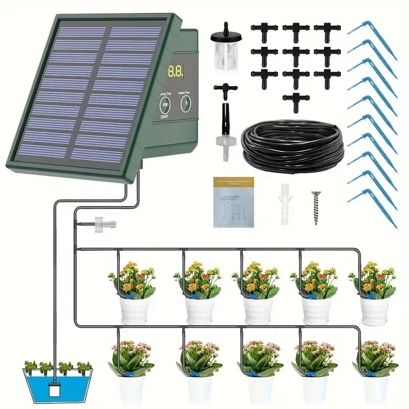Sistema de irrigação solar, sistema de rega automático com 300 programas de rega, kit de rega para jardim com mangueira de 10m e 10 pontas de gotejamento, etc., adequado para vegetais/plantas em vasos/árvores frutíferas
