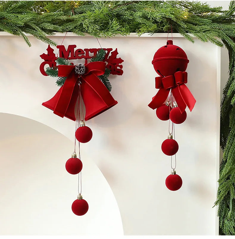 Enfeites de Natal em Veludo Vermelho, Bolas Flocadas, Sinos, Pingentes, Laços, Decoração para Casa, Presentes para Festa de Natal e Ano Novo