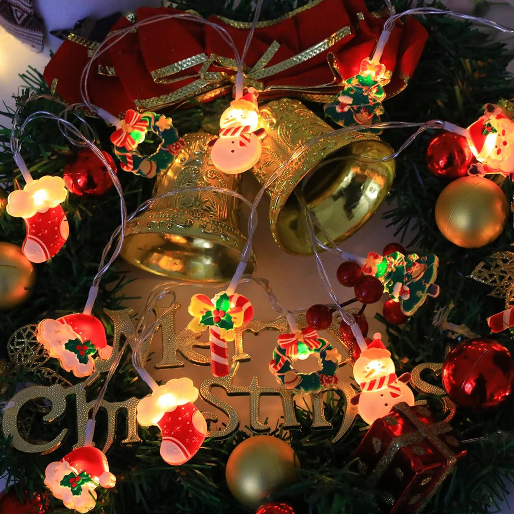 Luzes de corda de Natal LED, com Papai Noel/boneco de neve/cana de doces/meia de Natal/designs de flocos de neve, para festa de Natal/interior/árvore