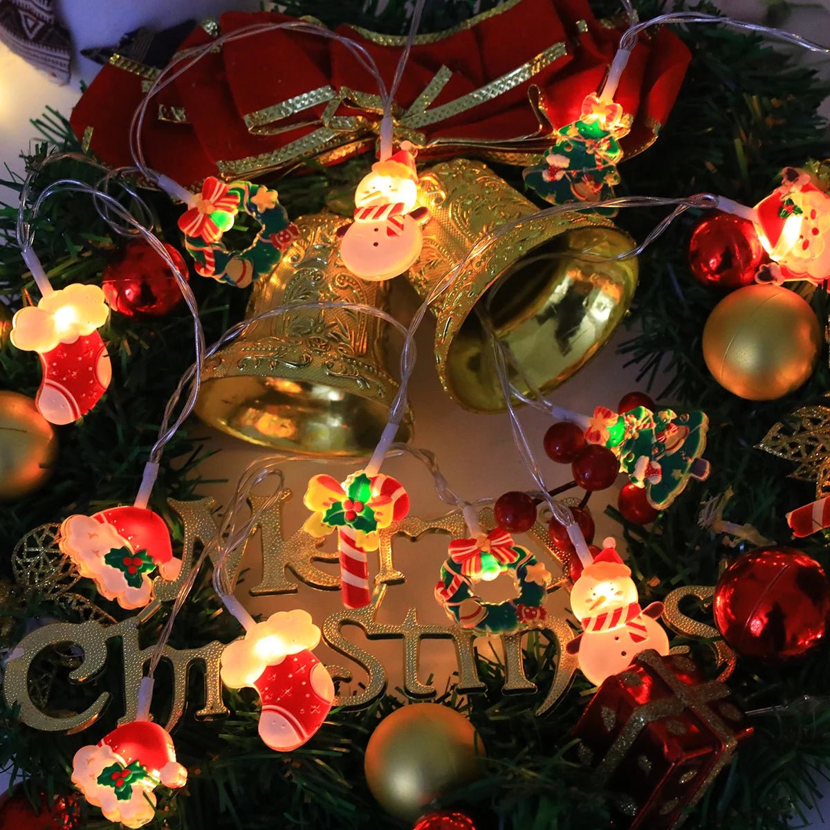 Luzes de corda de Natal LED, com Papai Noel/boneco de neve/cana de doces/meia de Natal/designs de flocos de neve, para festa de Natal/interior/árvore
