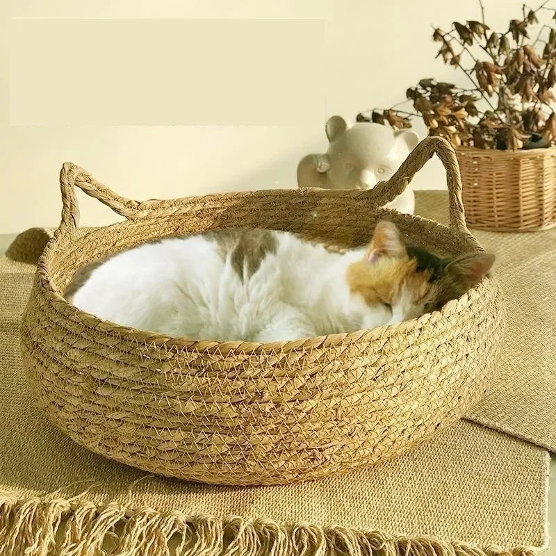 Handmade Vine Woven Cat Nest, Almofada Destacável, Lavável, Puro, Universal, Sazonal, Calor, Pet Shop, Acessórios, 4 Estações, Inverno