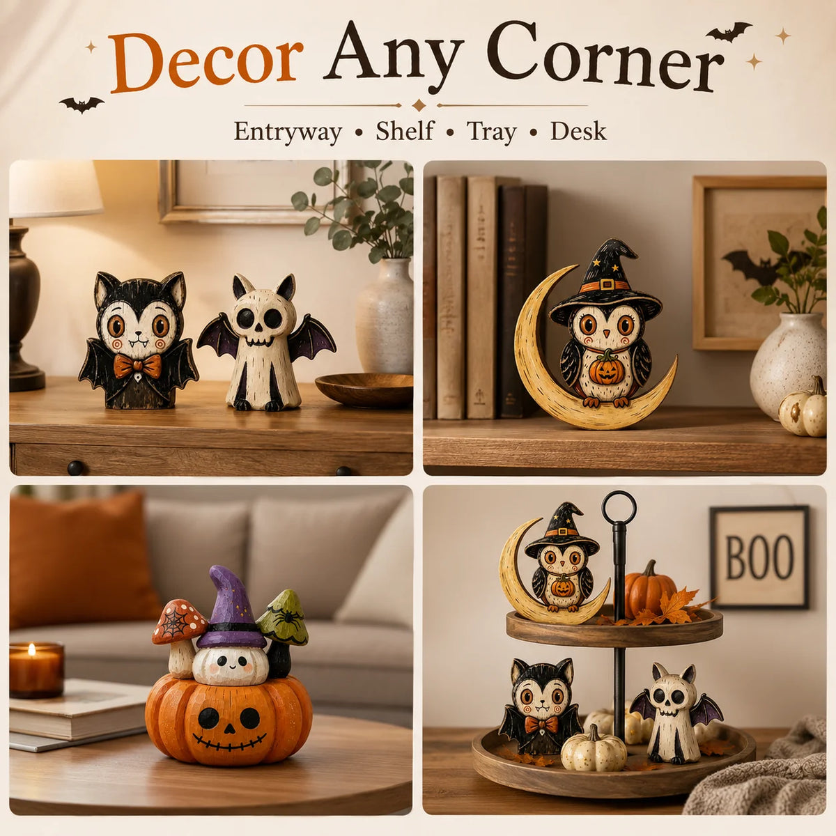 Decoração de Mesa de Madeira para Halloween, Figuras Pintadas à Mão de Coruja, Fantasma, Abóbora e Gato Vampiro para Decoração de Prateleira e Festa