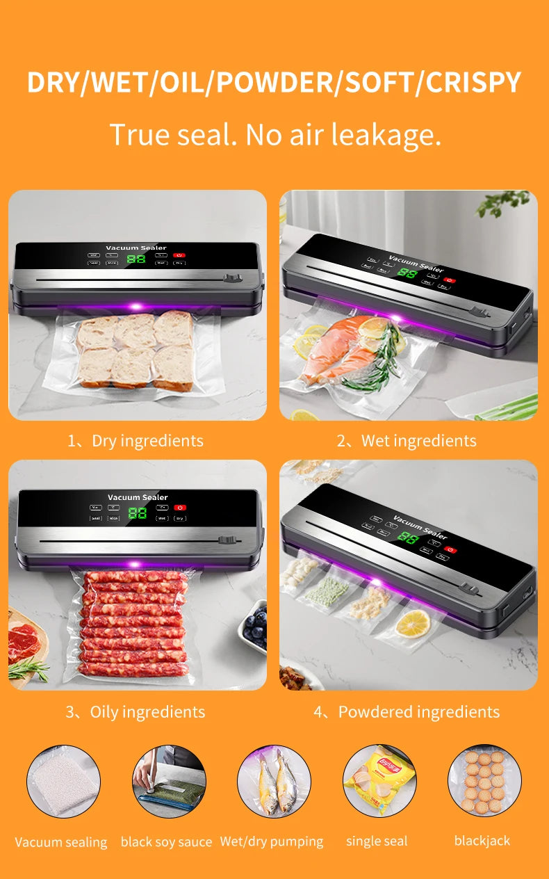Selador a Vácuo Portátil com Forte Sucção e Carregamento Sem Fio USB |   Selador de Alimentos Secos/Úmidos para Cozinha