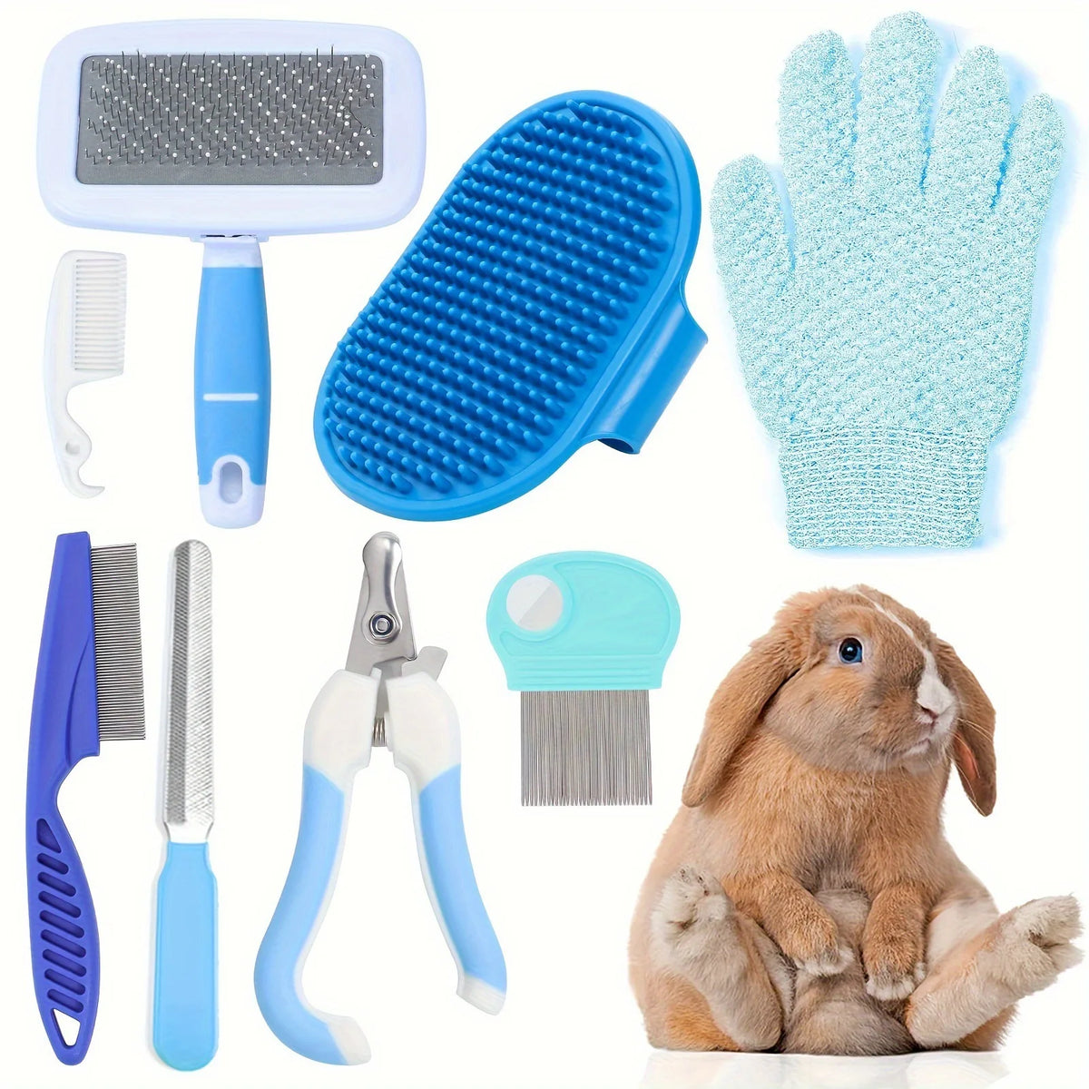 Kit de Beleza para Gatos com 8 Peças: Escova, Cortador de Unhas e Lixas, Kit de Higiene para Animais de Estimação, Pente Antipulgas