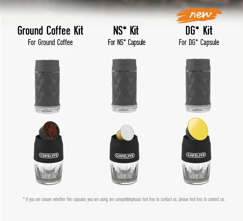 Máquina de Café Portátil Cafelffe 3 em 1, Cafeteira Manual para Cápsulas e Café Moído, Espumador de Leite, Preparador Manual para Viagens e Presentes