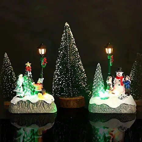 Natal aldeia cena árvore boneco de neve resina ornamento com luzes led animado lâmpada rua estátuas estatueta férias decoração desktop