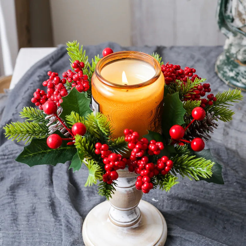 Natal vela grinalda mesa de jantar decorações clássico bagas vermelhas pinha peça central guirlanda multifuncional castiçal 2025