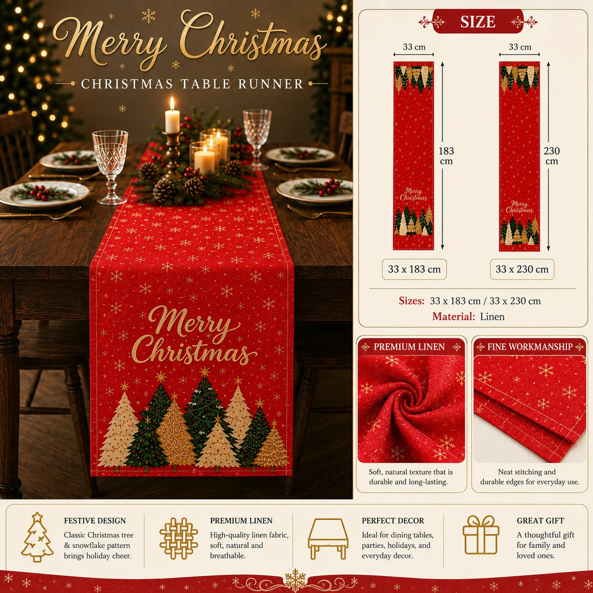 Caminho de Mesa com Tema de Árvore de Natal, Decoração Festiva de Mesa, Adequado para Festas de Natal de Inverno, Decoração de Casa para as Festas, Presente de Natal