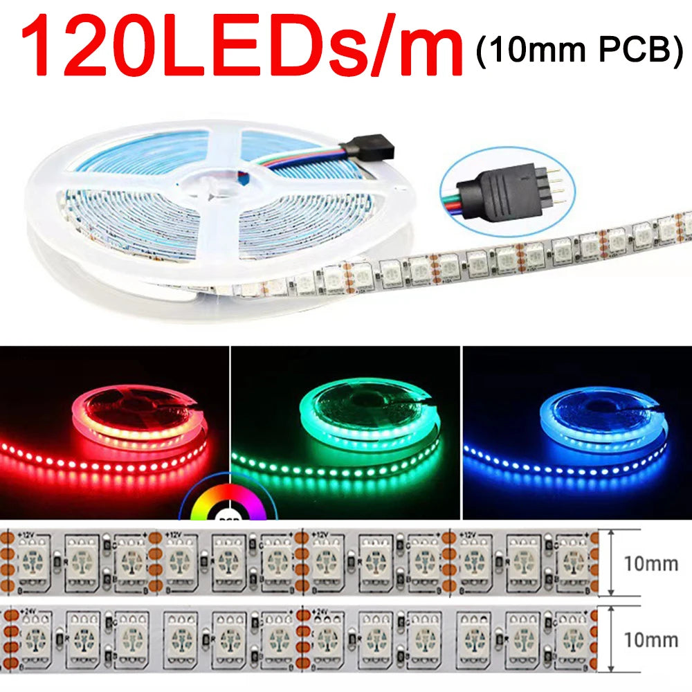 5m 12v 24v dc rgb tira conduzida 30leds/m 60leds/m 96leds/m 120leds/m smd 5050 fita de luz led flexível 8mm 10mm pcb para decoração