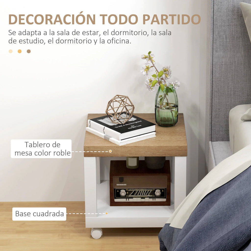 Mesa Lateral Homcom com Rodas e Prateleira Aberta para Sofá, Sala de Estar e Quarto 40X40X40 cm Natural e Branco